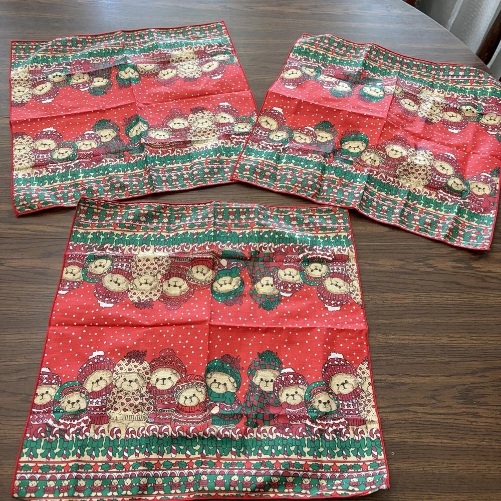 Vintage Christmas Napkins Set Of 3 Teddy Bear Cloth Table Linens 80s 90s